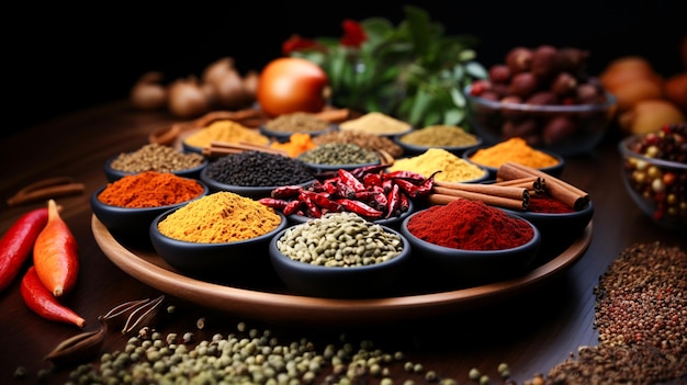 Multi colored spice collection in wooden bowl offers healthy
