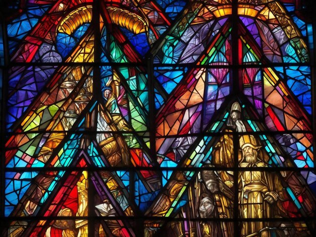 Multi colored stained glass illuminates ancient cathedral spirituality