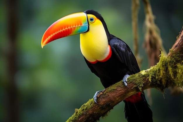 Multi colored toucan perched on branch adorable pet photography