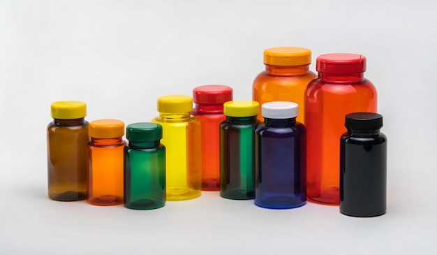 Multi colored transparent plastic pill jars on a white background. Isolated