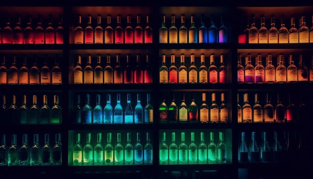 Photo multi colored wine bottles in a row illuminate celebration generated by ai