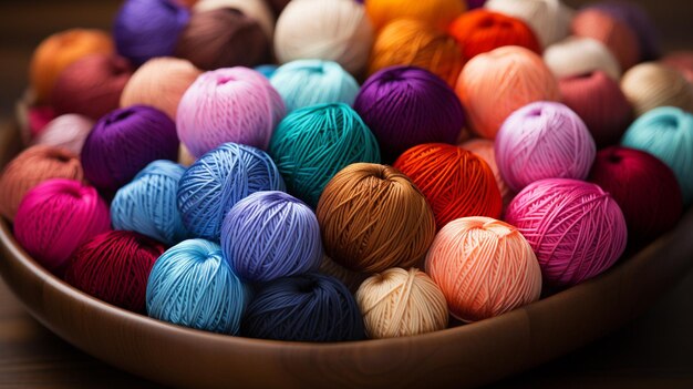 Photo multi colored yarn balls in a bowl