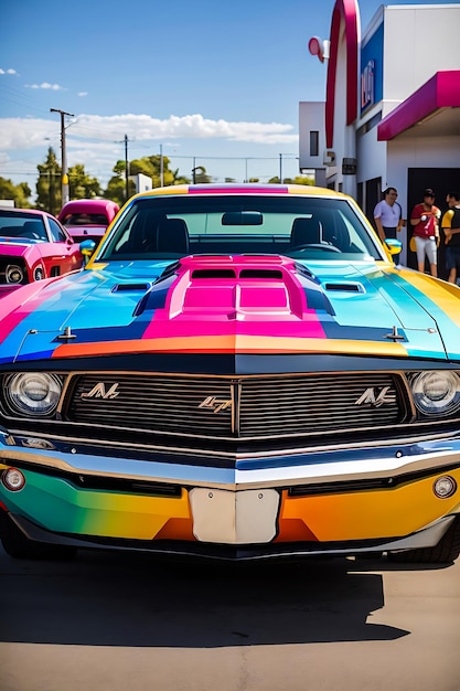 Foto un'auto multi colorata con targa e sfondo naturale