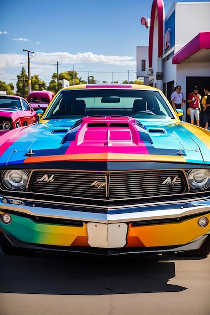 A multi colorful car with the license plate And natural background