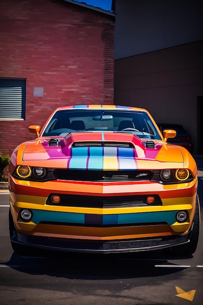 Photo a multi colorful car with the license plate and natural background