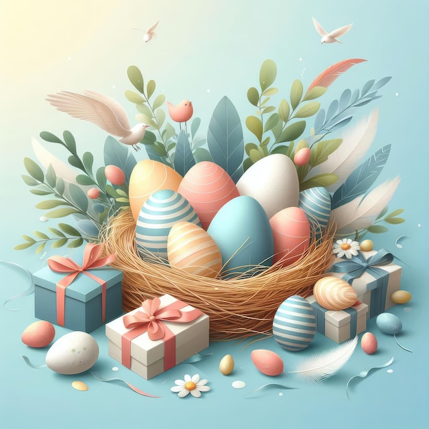 Multi colors Easter eggs in woven basket on blue background Pastel color