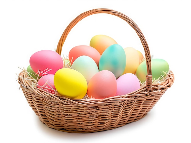 Multi colors Easter eggs in the woven basket isolated on white background with clipping path Pastel