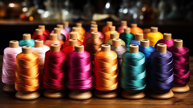 Photo multi coloured bobbins of thread on dark