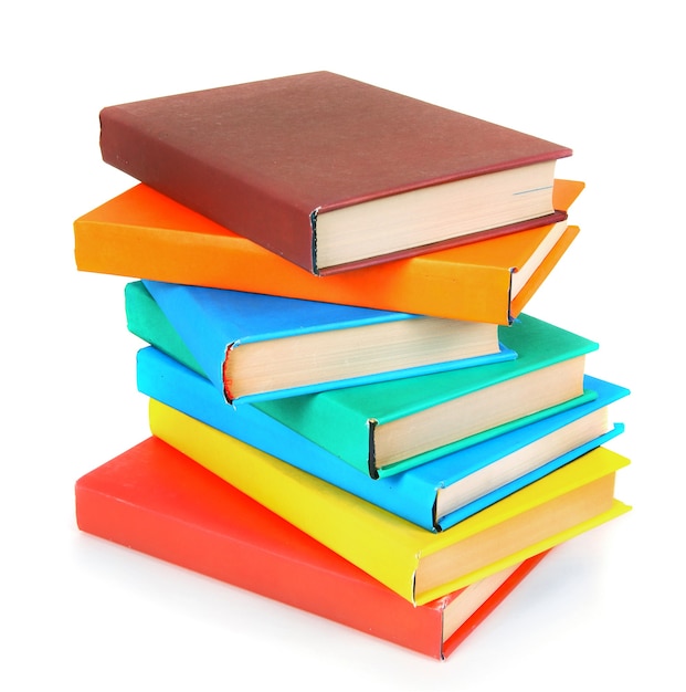 Multi-coloured books. On a white background.