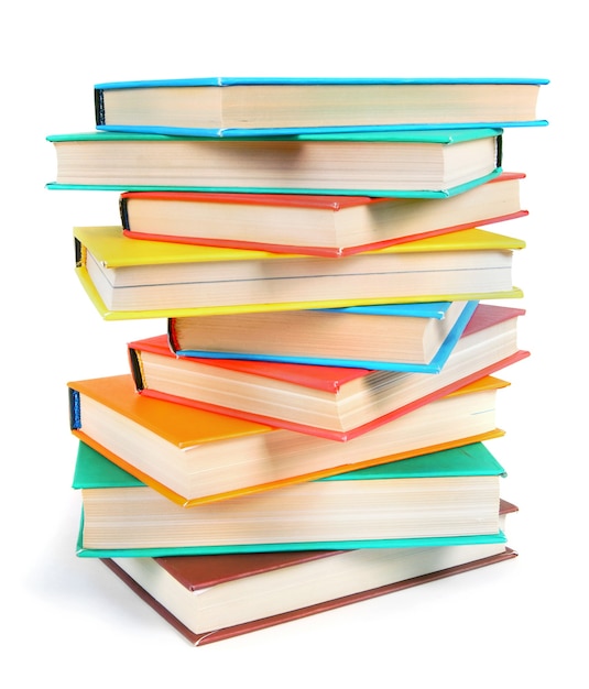 Multi-coloured books. On a white background.