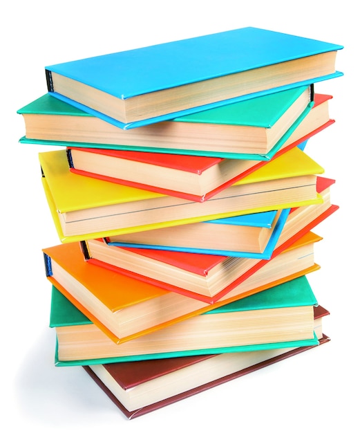 Multi-coloured books. On a white background.