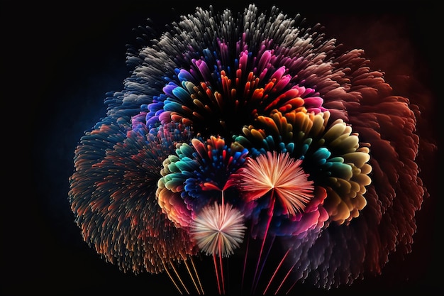 Multi coloured fireworks exploding on black background created using generative ai technology