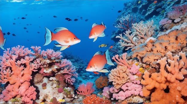 열대 산호초의 부드러운 산호초에서 다중 물고기 무리가 생성 AI