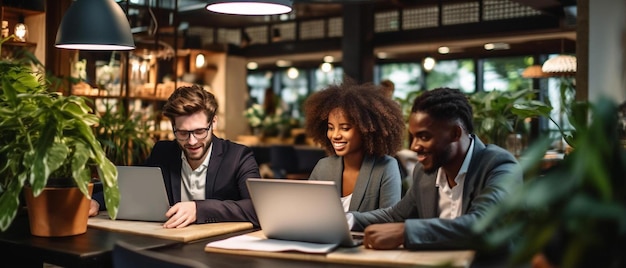 Photo multi ethnic business colleagues working with wireless technologies in coworking office