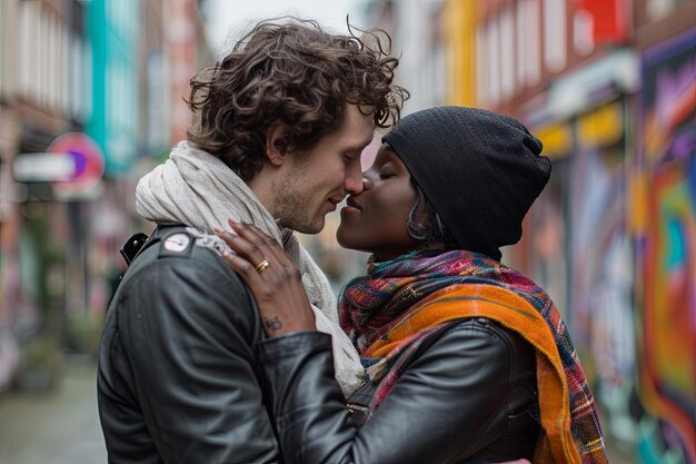 多民族のカップルが街の通りでキス