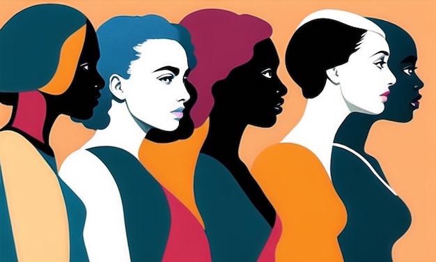 多民族 多様な混血女性のグループ 平等と女性の権利 女性の日 イラスト ジェネレーティブ AI