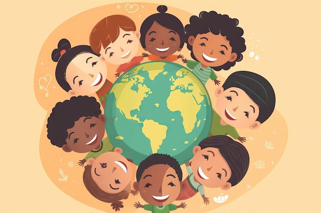 世界中で手を繋いでいる多民族の子供たちのグループ
