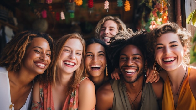 Multi ethnic group of friends smiling in celebration