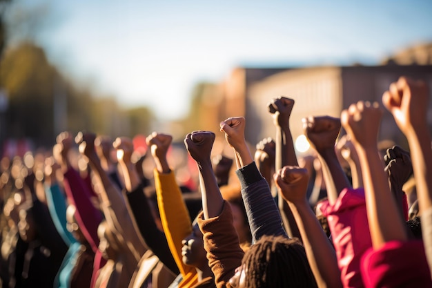 Multi ethnic group raising their first in the air in sign of protest