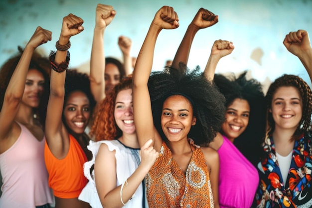 Un gruppo multietnico di donne alza i pugni per celebrare la giornata internazionale della donna e l'empowerment delle donne 8 marzo per il femminismo, l'indipendenza, la libertà e l'attivismo per i diritti delle donne