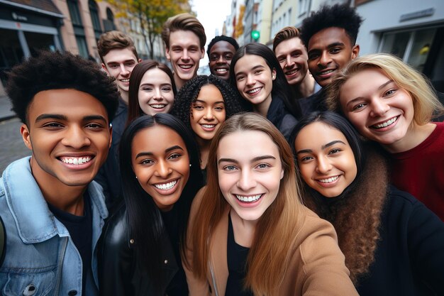 Multi ethnic guys and girls taking selfie outdoors