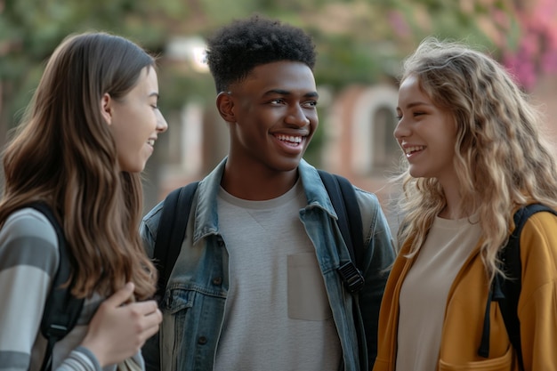 Multi Ethnic male and female students having fun together talking and laughing outdoors