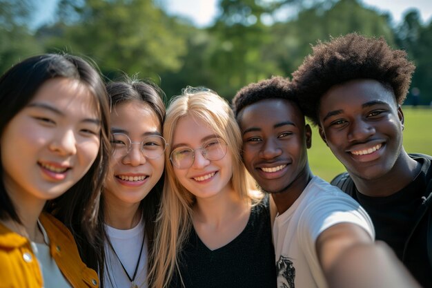 多民族の男性と女性の学生が外でセルフィーを撮って楽しんでいます