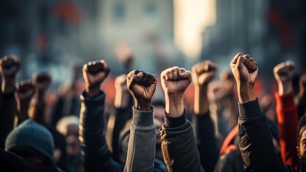 Multi ethnic people raising their fists up in the air Raising hands for protest