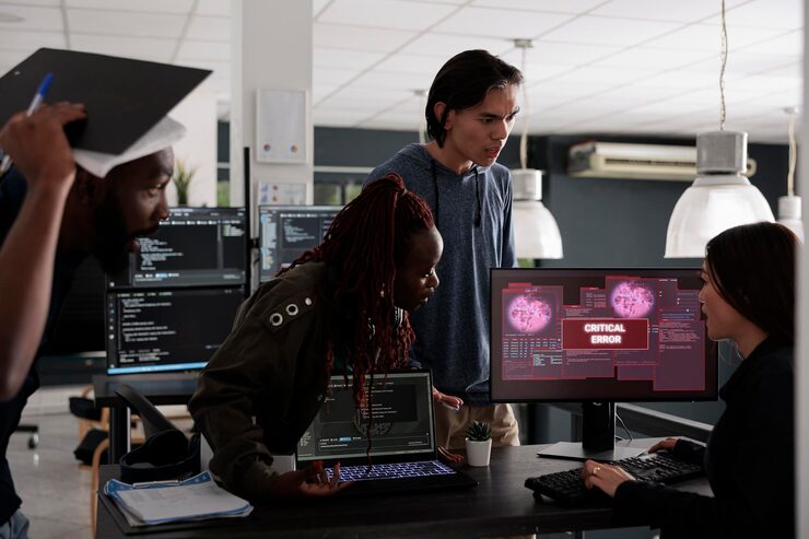Photo multi ethnic programmers having security breach alert on computer screen, trying to solve hacking and critical error. engineers using terminal window and having system hacked crash.