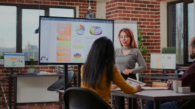 Multi ethnic team attending business presentation with charts in boardroom, brainstorming ideas. Colleagues looking at marketing reports to help with sales growth and development.