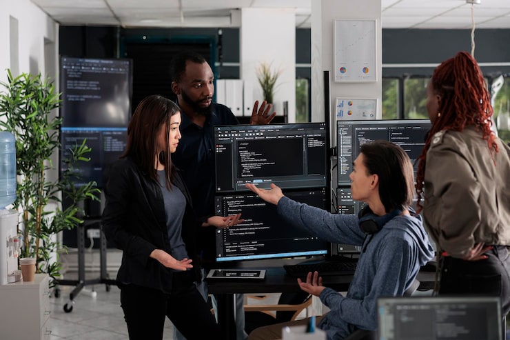 Photo multi ethnic web developers writing script while talking about develop cloud computing server. it engineers having unexpected server error and no access to database, hacking attack.