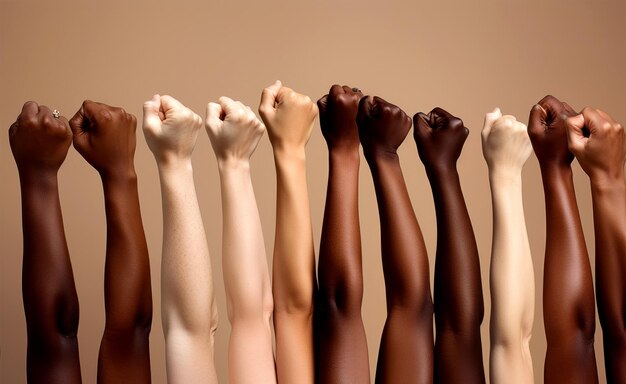 Foto donne multietniche alzano i pugni in studio per la giornata internazionale della donna e l'empowerment delle donne 8 marzo per il femminismo, l'indipendenza, la libertà e l'attivismo per i diritti delle donne