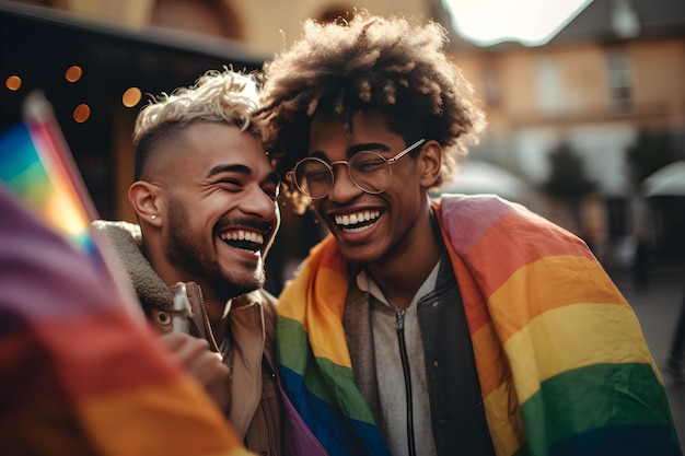 Multi-etnisch homopaar met regenboogvlaggen op pride-evenement