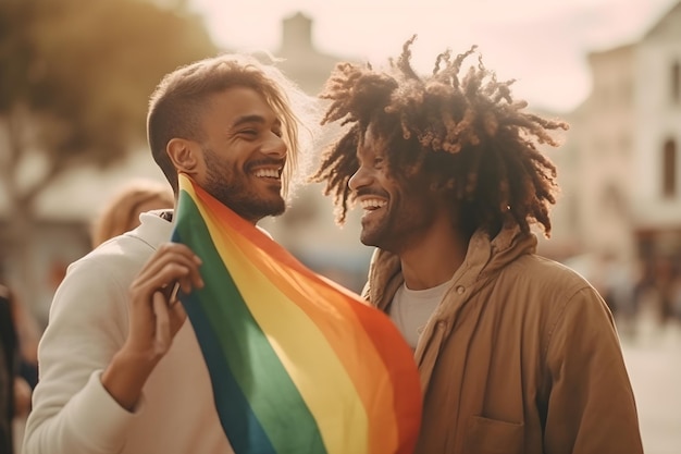 Multi-etnisch homopaar met regenboogvlaggen op pride-evenement