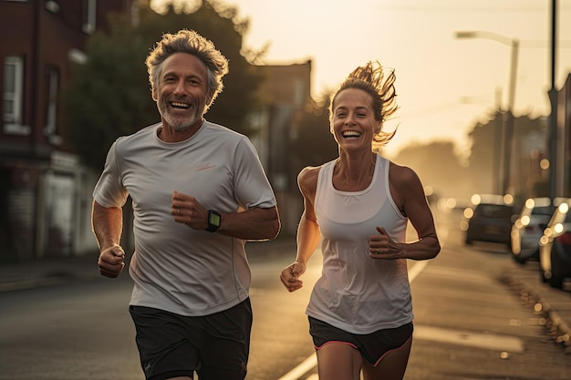 multi-etnische groep mensen joggen in de stad bij zonsopgang Een paar volwassen actieve mensen op een ochtend run AI gegenereerd