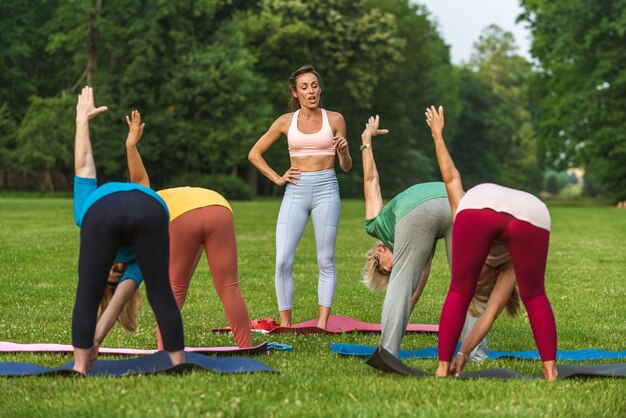 Multi-etnische groep oudere vrouwen die in het park trainen met fitnessinstructeur - Actieve ouderen die sporten in de natuur