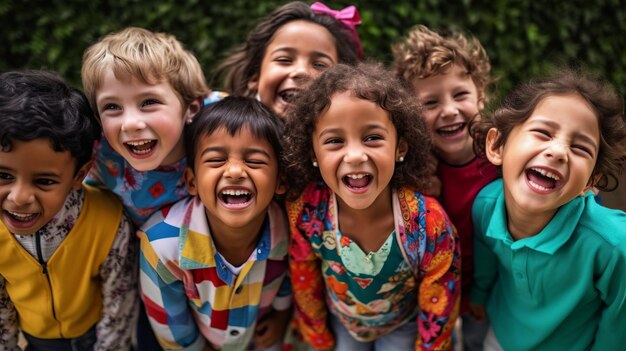 Multi-etnische groep schoolkinderen lachen en spelen op parkachtergrond voor kinderdag Generatieve ai