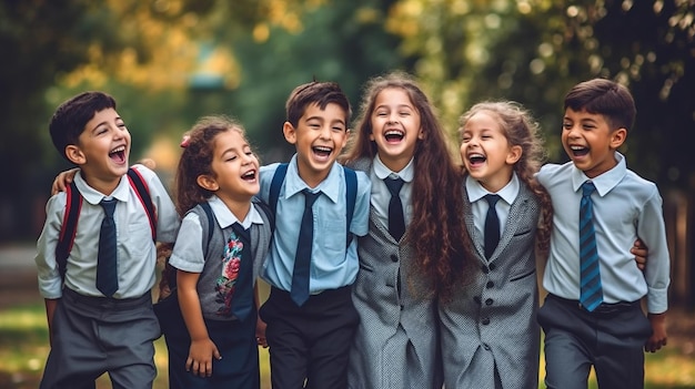 Multi-etnische groep schoolkinderen lachen en spelen op parkachtergrond voor kinderdag Generatieve ai