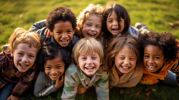 Multi-etnische groep schoolkinderen lachen en spelen op parkachtergrond voor kinderdag Generatieve ai