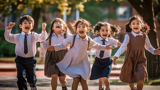 Multi-etnische groep schoolkinderen lachen en spelen op parkachtergrond voor kinderdag Generatieve ai