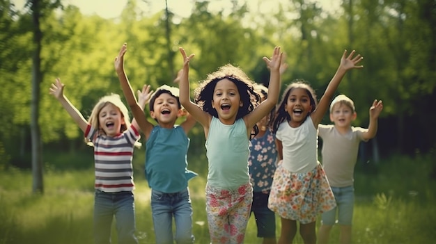 Multi-etnische groep schoolkinderen lachen en spelen op parkachtergrond voor kinderdag Generatieve ai