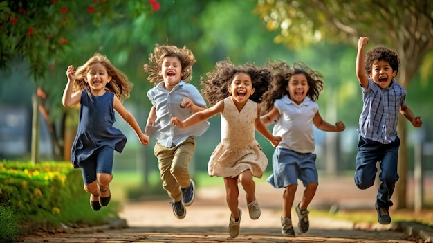 Multi-etnische groep schoolkinderen lachen en spelen op parkachtergrond voor kinderdag Generatieve ai