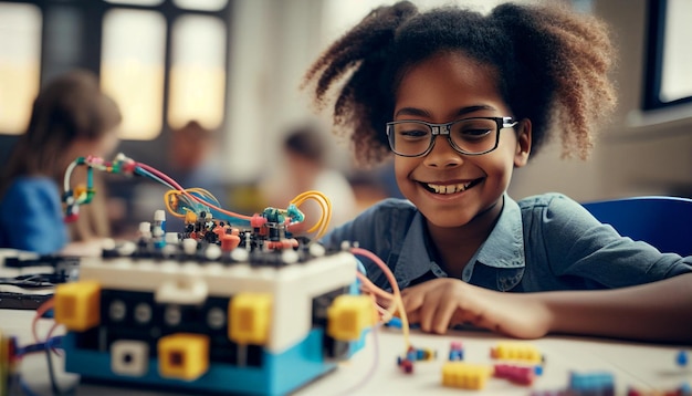 Multi-etnische kinderen leren robotprogrammeerkabels en gekleurde blokken, evenals generatieve AI