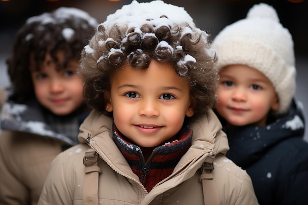 Multi-etnische kinderen spelen in de sneeuw AI gegenereerd