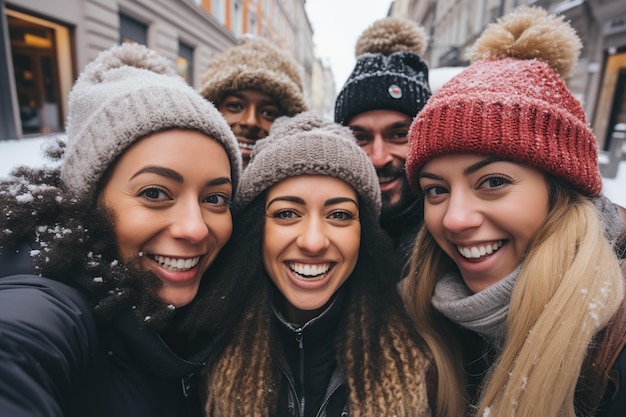 Multi-etnische vrienden die selfie maken in de besneeuwde stad AI gegenereerd