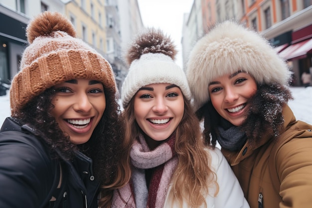 Multi-etnische vrienden die selfie maken in de besneeuwde stad AI gegenereerd