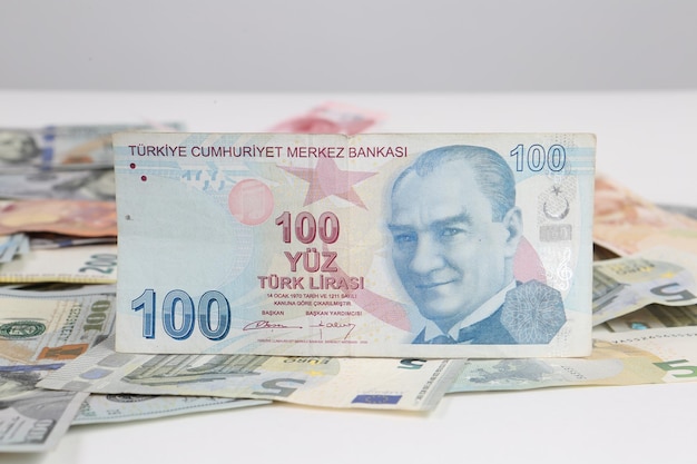 Multi Euro Dolar cash and coin Different type of new generation banknotes bitcoin turkish lira