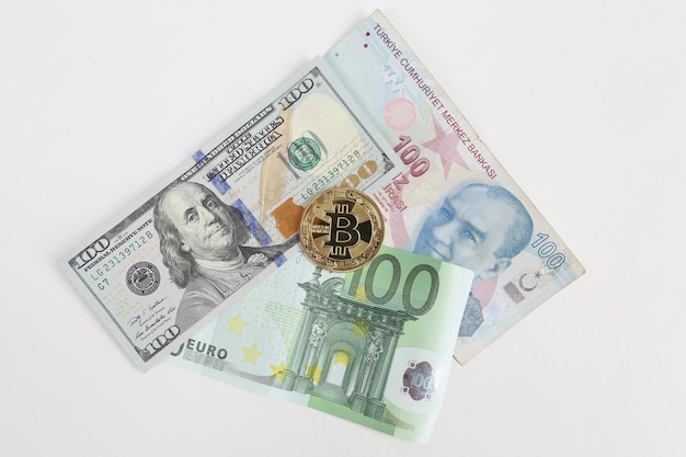 Multi Euro Dolar cash and coin Different type of new generation banknotes bitcoin turkish lira