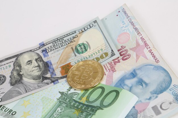 Multi Euro Dolar cash and coin Different type of new generation banknotes bitcoin turkish lira