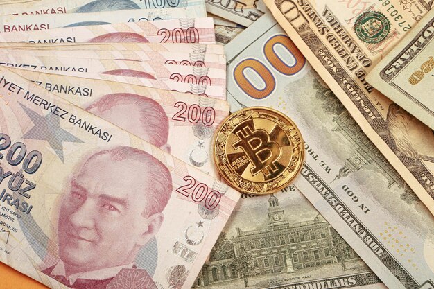 Multi Euro Dolar cash and coin Different type of new generation banknotes bitcoin turkish lira